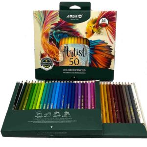 مداد رنگی ۵۰ رنگ آریا مدل Artist با جعبه فلزی و مغزی نرم