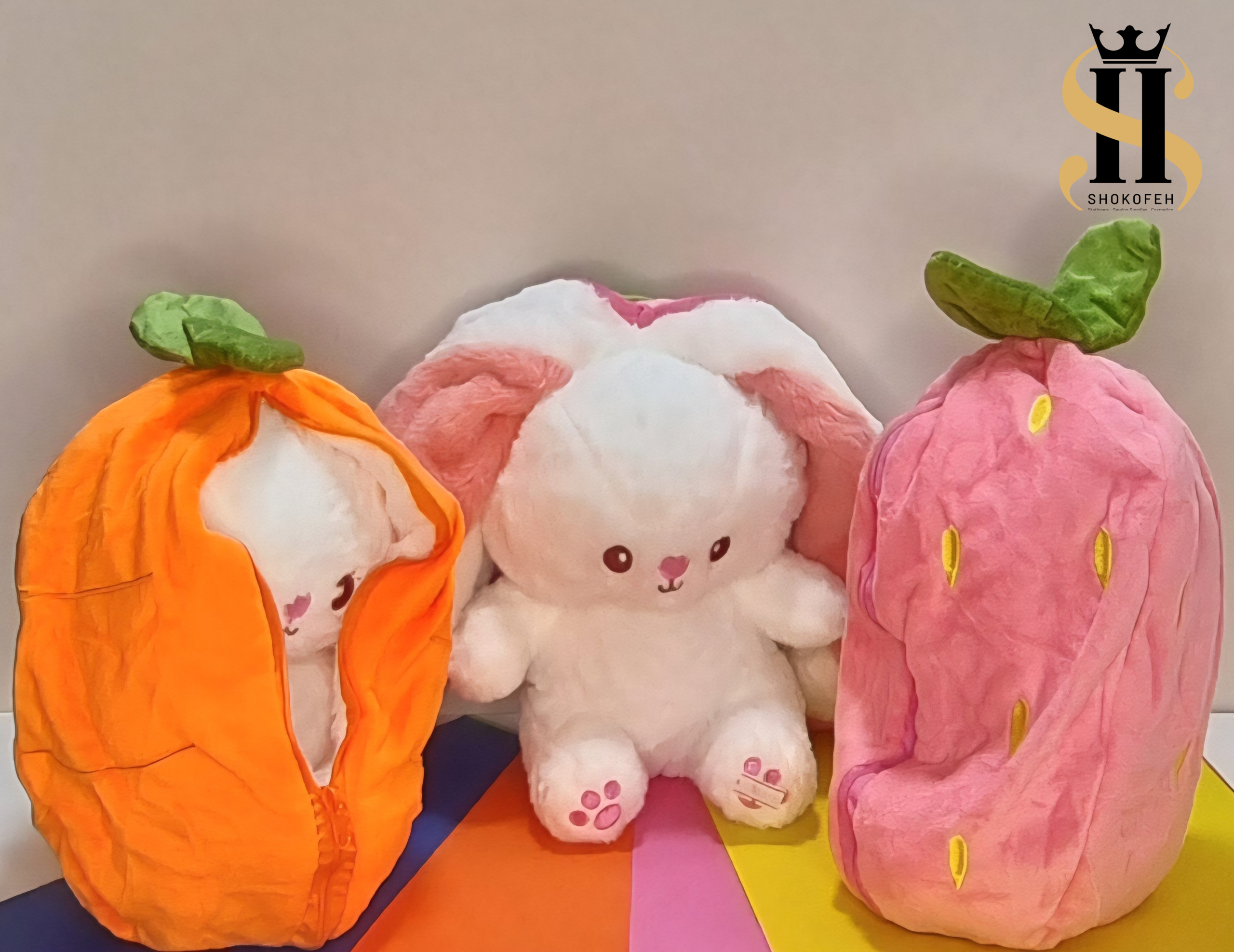 عروسک خرگوش سفید داخل غلاف هویج نارنجی و توتفرنگی صورتی زیپدار