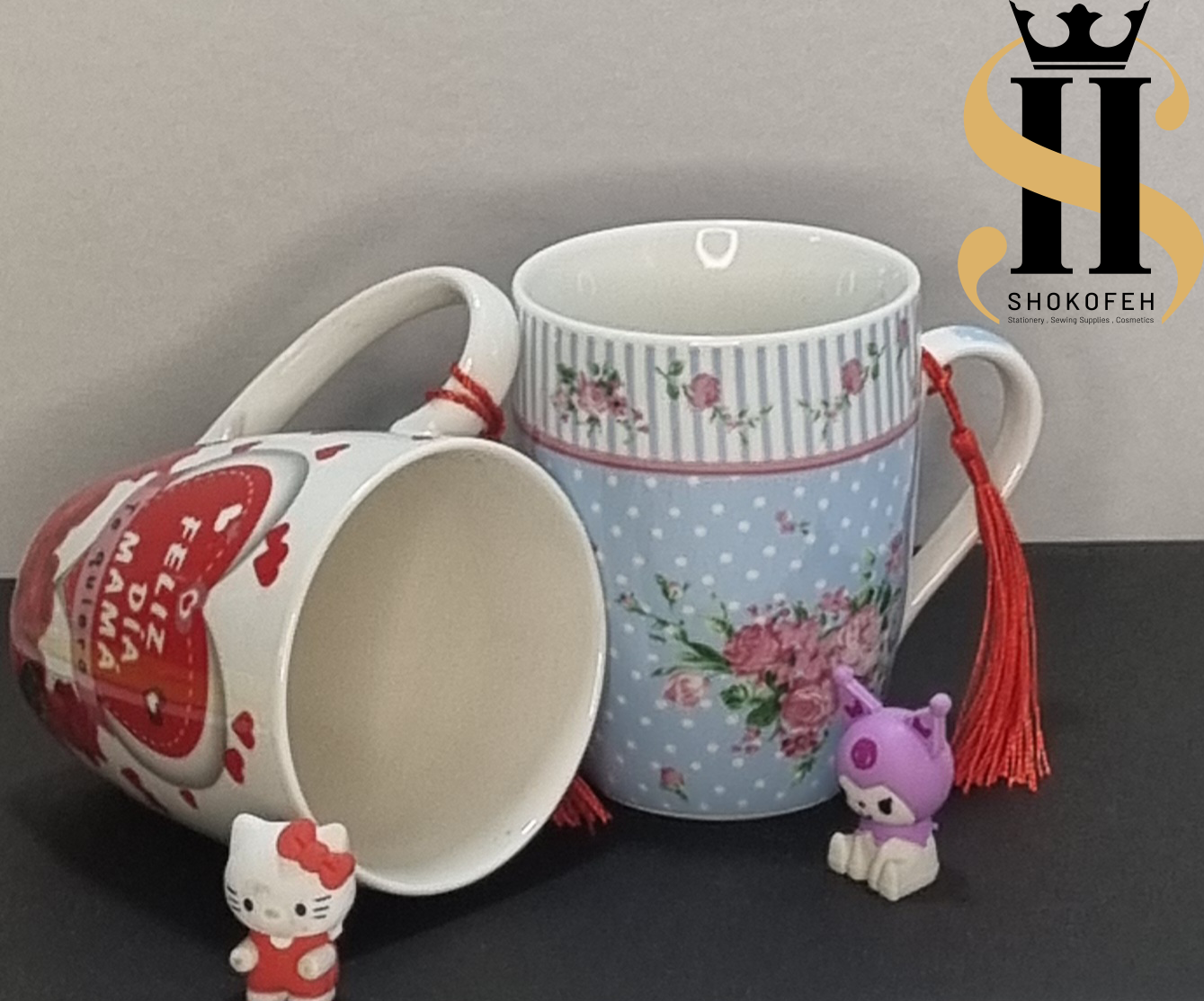 عکس ماگ سرامیکی طرحدار گلگلی آبی و قلبی قرمز هدیه لاکچری