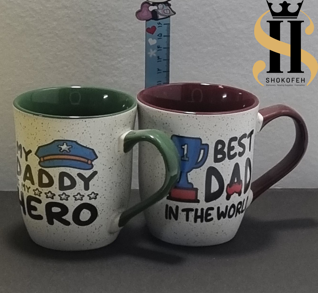 ست ماگ سرامیکی روز پدر طرح سنگی با دستههای سبز و زرشکی فانتزی